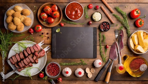 Barbecue menu. Grilled meat and vegetables on rustic wooden table