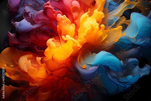 Bold and contrasting liquid colors swirling and intertwining, creating a captivating and dramatic visual impact