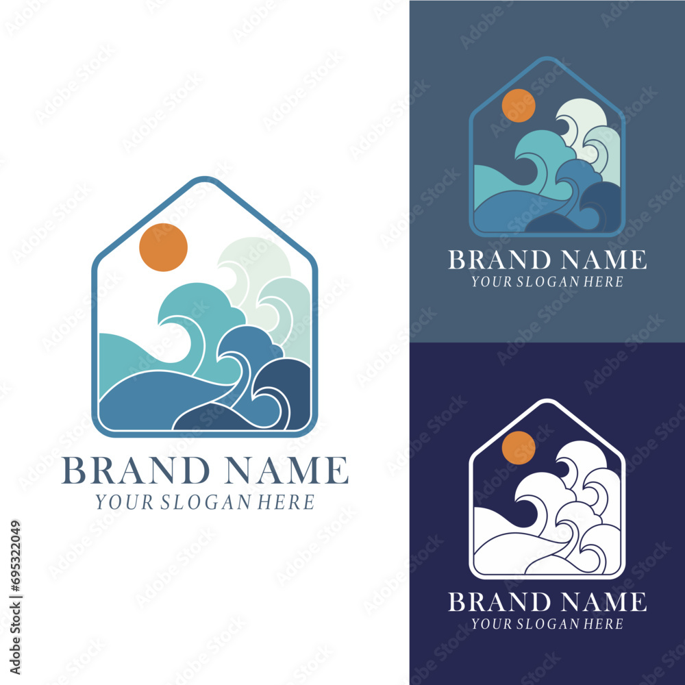 Fototapeta premium Creative House Home with Wave Beach Ocean Sea and Sun Sunset Logo Design Branding Template etc