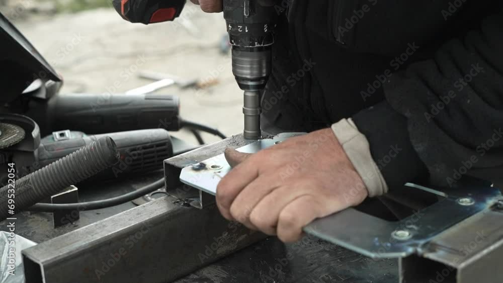Close up of Drill bit Drilling into metal Pipe. Drilling a hole in the square steel pipe Close up of Drill bit Drilling into metal Pipe. Drilling a hole in the square steel pipe