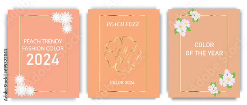 A set of minimal posters in a trendy peach color palette with gold decoration. Fashionable color of 2024.Golden frame with flowers. Peach is a new trend, color of the year. Vector illustration