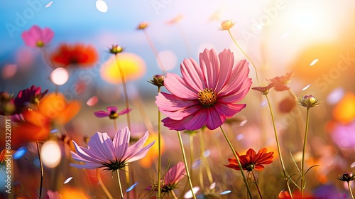 Field of colorful cosmos flower and butterfly © paisorn