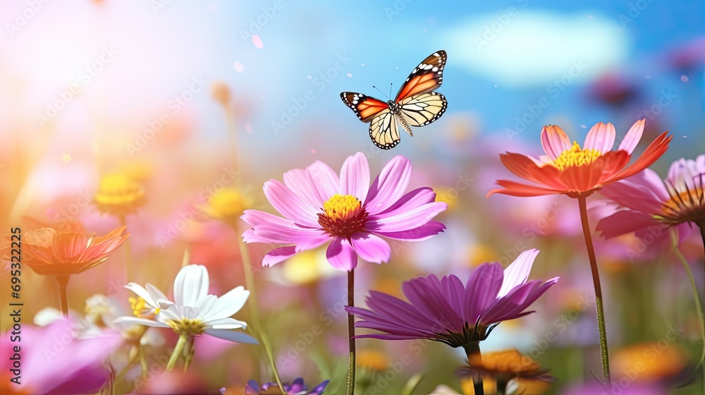 Field of colorful cosmos flower and butterfly Field of colorful cosmos flower and butterfly