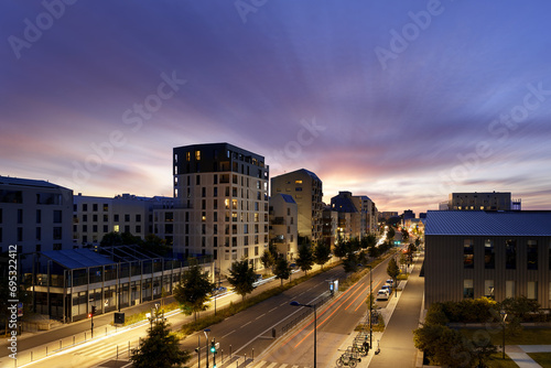 Bordeaux sunset city color of night with traffic and animation