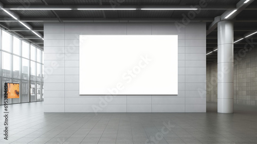 Mockup of a white frame as a blank advertisement wall against a urban briks background