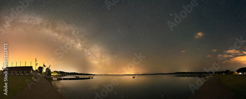 Panorama of the Milky Way with reflection on Lake Biscarosse passing above the Nautical base