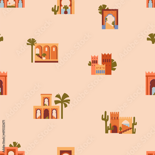 Moroccan architecture, seamless pattern design. Morocco buildings, gates, arc...