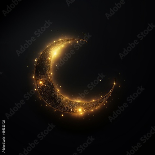 golden bright crescent moon on dark background with gold lights.
