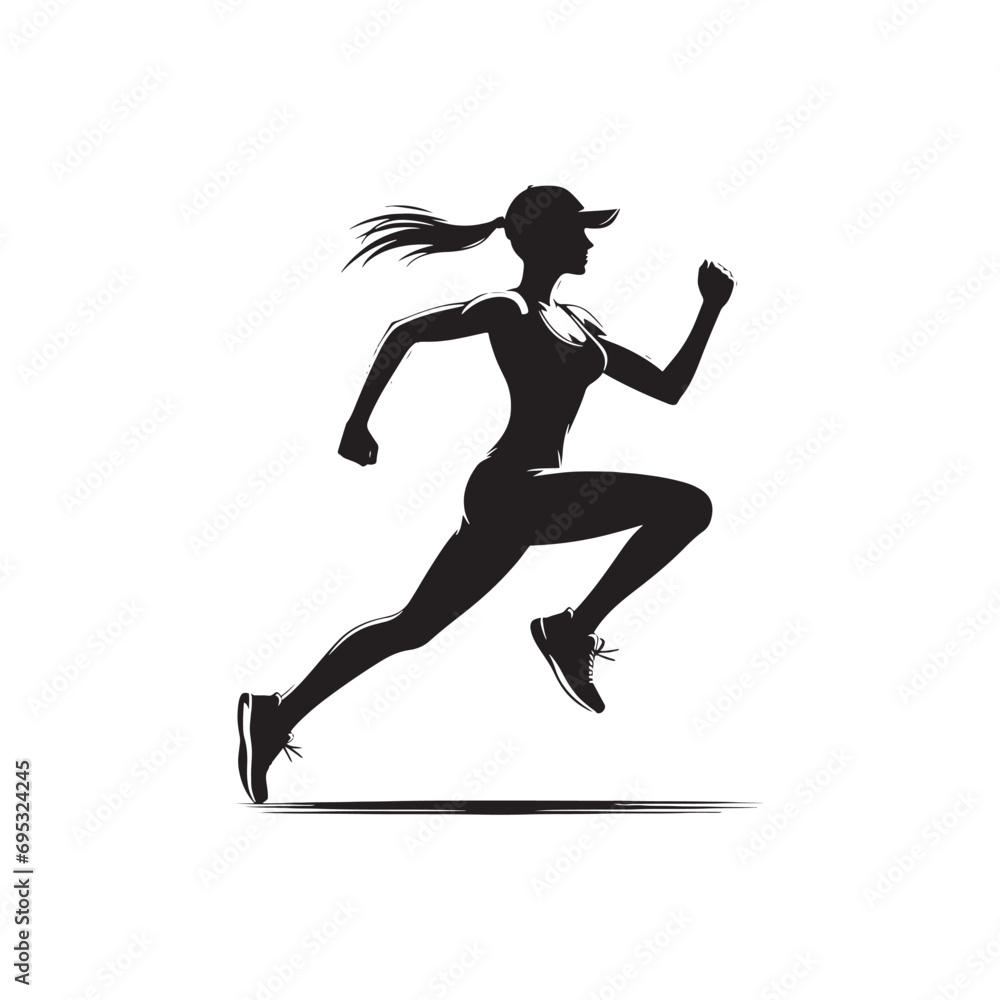 Running Woman Silhouette: Trail Running Adventure - Woman Jogging through Scenic Nature Landscape - Minimallest Woman Running Black Vector
