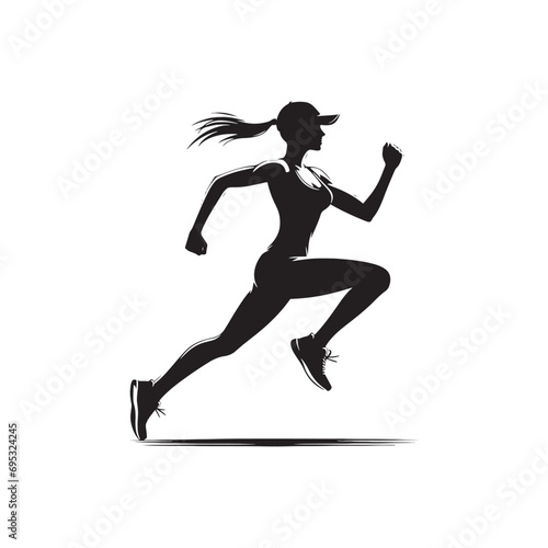 Running Woman Silhouette: Trail Running Adventure - Woman Jogging through Scenic Nature Landscape - Minimallest Woman Running Black Vector 