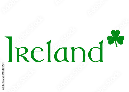 Logo del día de San Patricio. Letras de la palabra Ireland con silueta de shamrock de 3 hojas. Texto manuscrito para su uso en felicitaciones y tarjetas