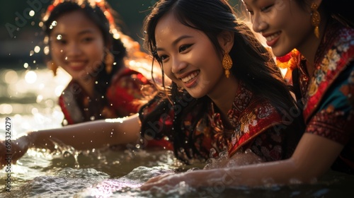 Thai women Wear the Thai national costume, Bolan. Three people splashing in the water According to the Thai Songkran