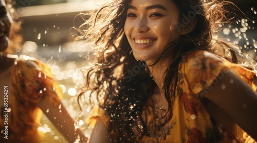 Thai women Wear the Thai national costume, Bolan. Three people splashing in the water According to the Thai Songkran photo