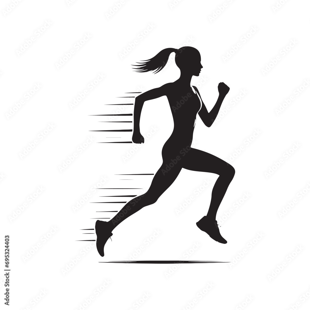 Running Woman Silhouette: Fitness Lifestyle - Sporty Lady Jogging with Abstract Urban Elements - Minimallest Woman Running Black Vector
