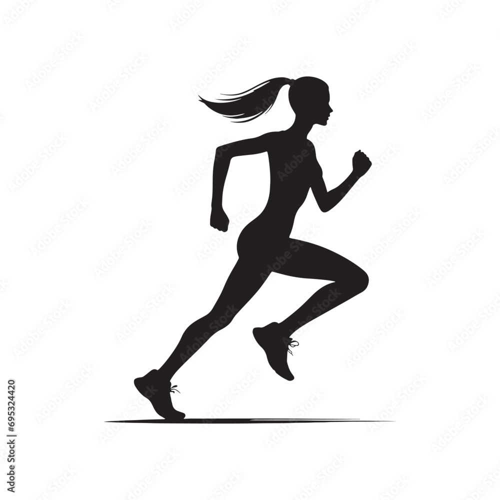 Running Woman Silhouette: Silhouetted Jogger Enjoying Morning Run with a Scenic Mountain Backdrop - Minimallest Woman Running Black Vector
