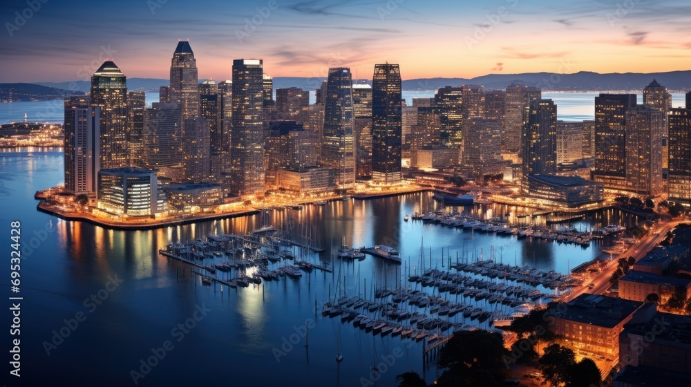 Obraz premium Aerial view of San Francisco at twilight on a summer evening, looking towards Financial District skyscrapers