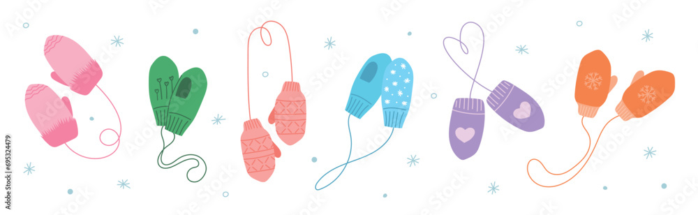 Warm winter children mittens set. Cute hand drawn elements for winter design. Woolen or knitted mittens for cold frosty weather isolated on white background. Set of winter сhildish accessories. - obrazy, fototapety, plakaty 