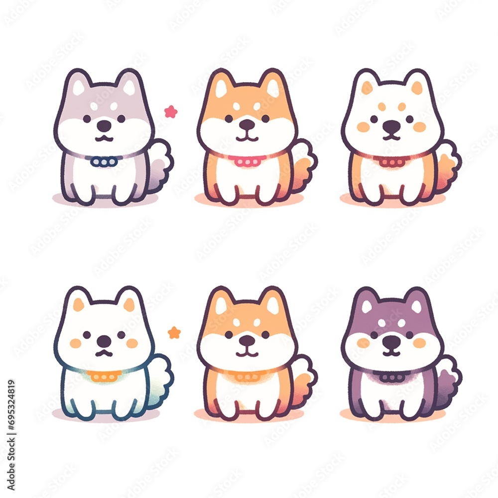 linear cute icons of dog, looking towards the camera, white background, bold thick line and solid colours, no shadow, flat style, simple details, minimalis