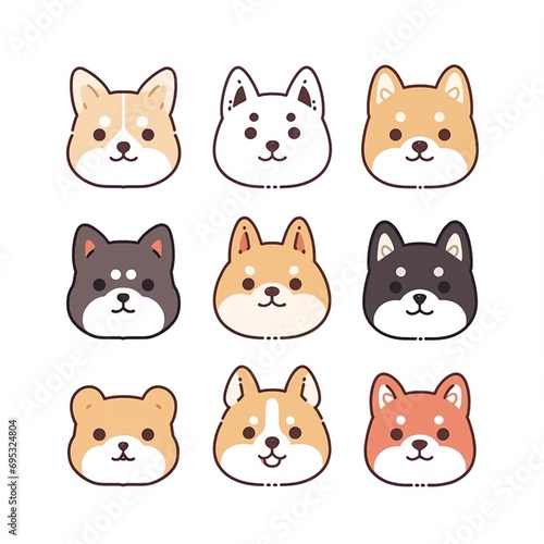 linear cute icons of dog, looking towards the camera, white background, bold thick line and solid colours, no shadow, flat style, simple details, minimalis