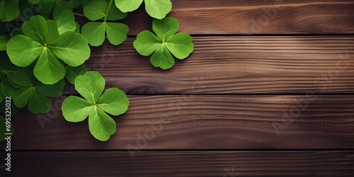 Happy st patricks day background banner greeting card wooden background St Patrick's banner concept design of green leaves on green. AI Generative 
