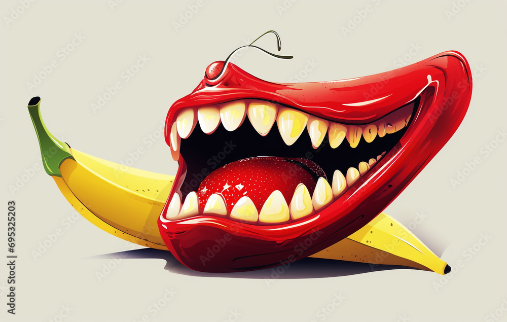 the vicious banana, red, angry, pointed spike teeth, bright sparkling white created with Generative Ai the vicious banana, red, angry, pointed spike teeth, bright sparkling white created with Generative Ai
