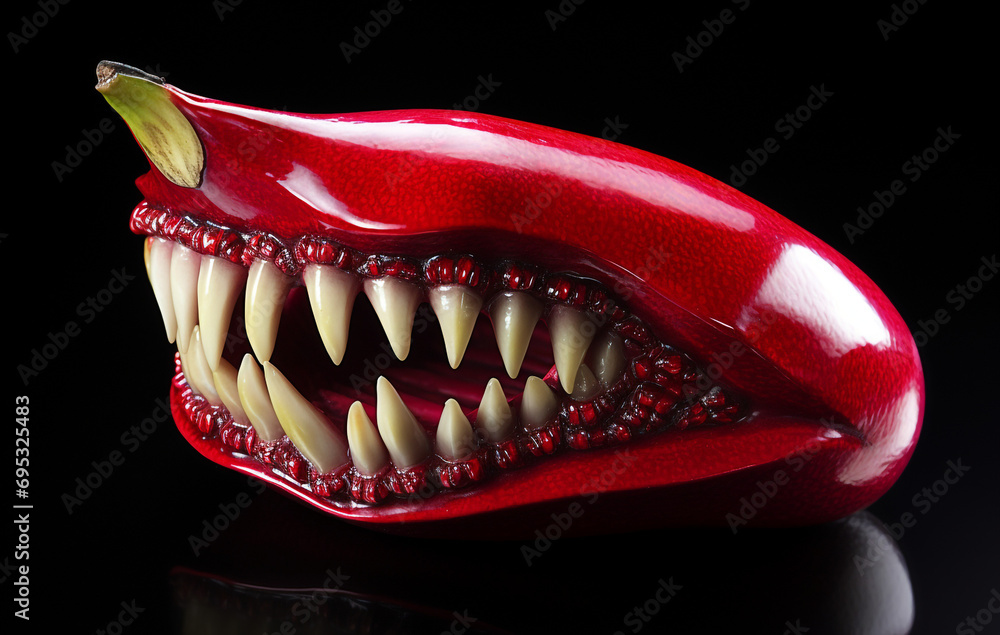 the vicious banana, red, angry, pointed spike teeth, bright sparkling white created with Generative Ai the vicious banana, red, angry, pointed spike teeth, bright sparkling white created with Generative Ai