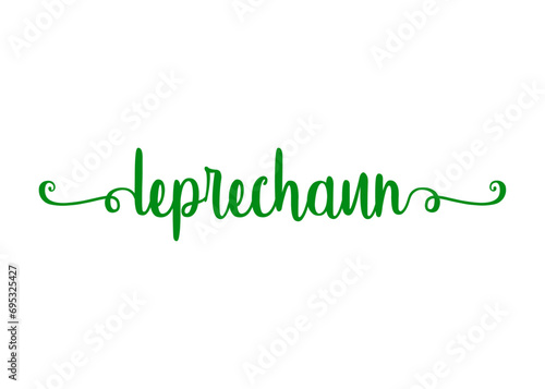 Día de San Patricio. Logo con palabra en texto manuscrito leprechaun con raya de decoración de caligrafía para su uso en felicitaciones y tarjetas