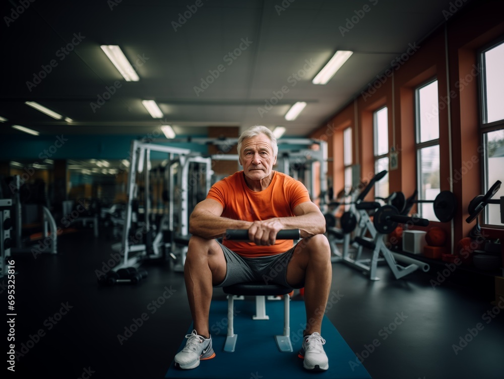Fitness Enthusiast in Orange T-Shirt and Gray Shorts Resting on Blue Bench in a Well-Lit Gym with Orange Walls and Gray Flooring Fitness Enthusiast in Orange T-Shirt and Gray Shorts Resting on Blue Bench in a Well-Lit Gym with Orange Walls and Gray Flooring