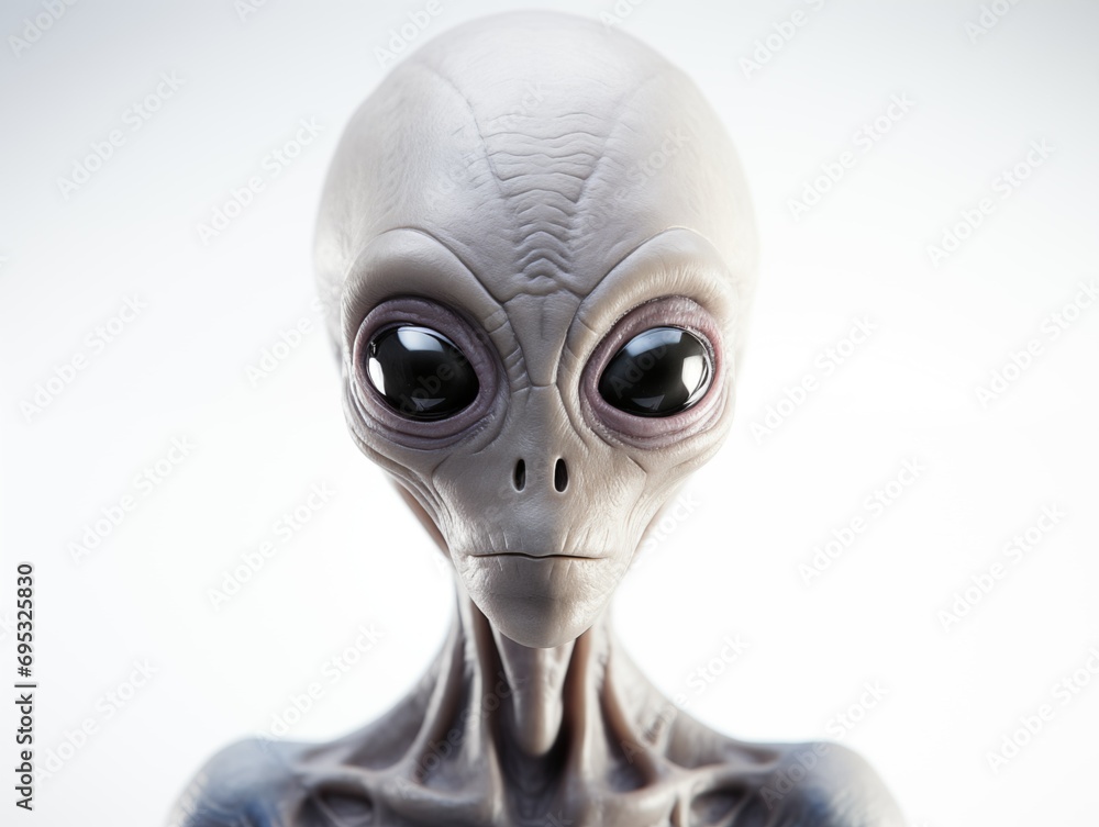 Gray-skinned alien with large head and almond-shaped eyes against a contrasting white background Gray-skinned alien with large head and almond-shaped eyes against a contrasting white background