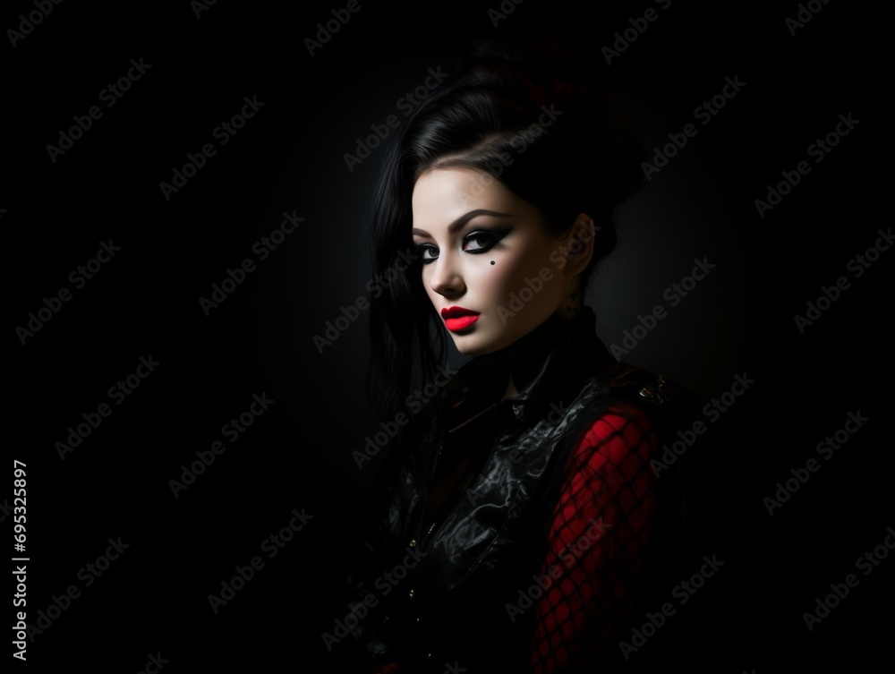 Mysterious figure in punk-gothic attire against a dark backdrop. Mysterious figure in punk-gothic attire against a dark backdrop.
