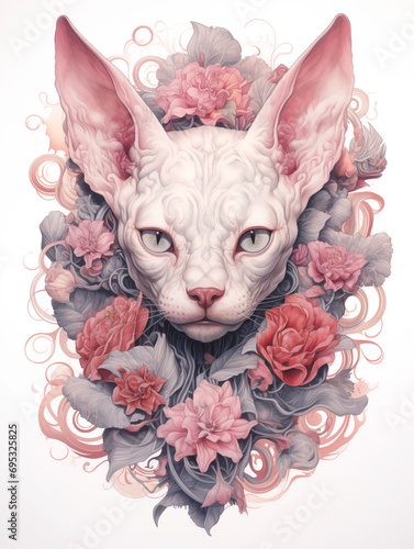 Beautiful hyperrealistic whimsical ink portrait of a sphynx cat decorated by flowers, pastel color palette photo