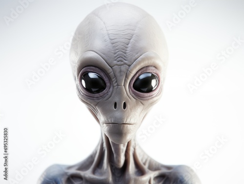 Gray-skinned alien with large head and almond-shaped eyes against a contrasting white background