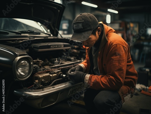 Mechanic working on classic car in garage
