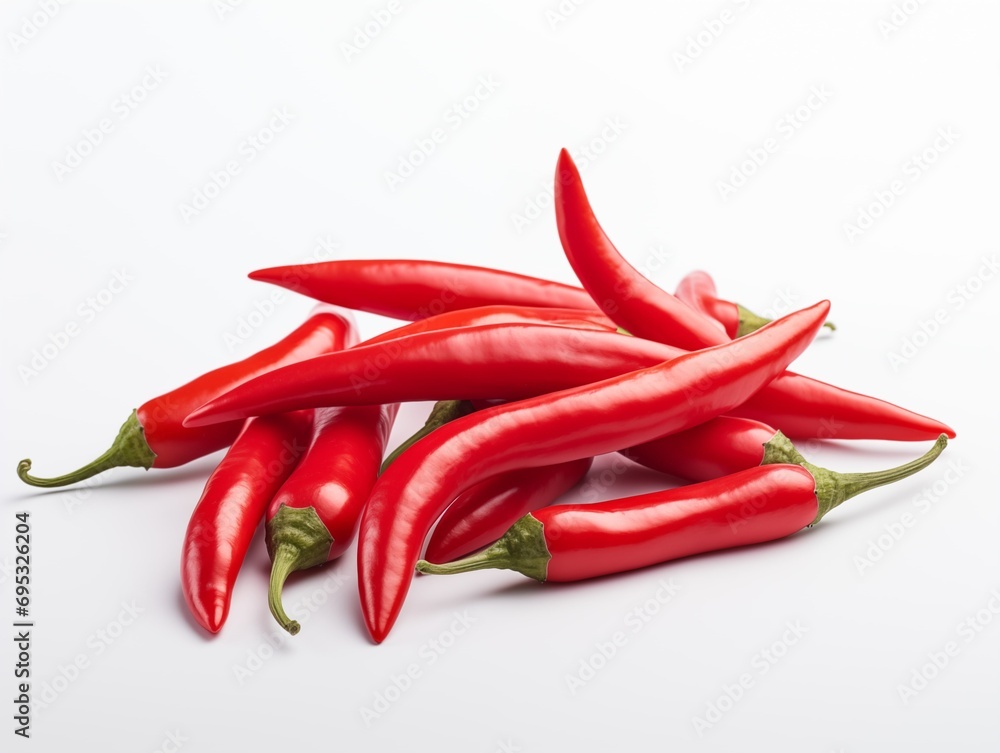 A bunch of red chili peppers on a white background