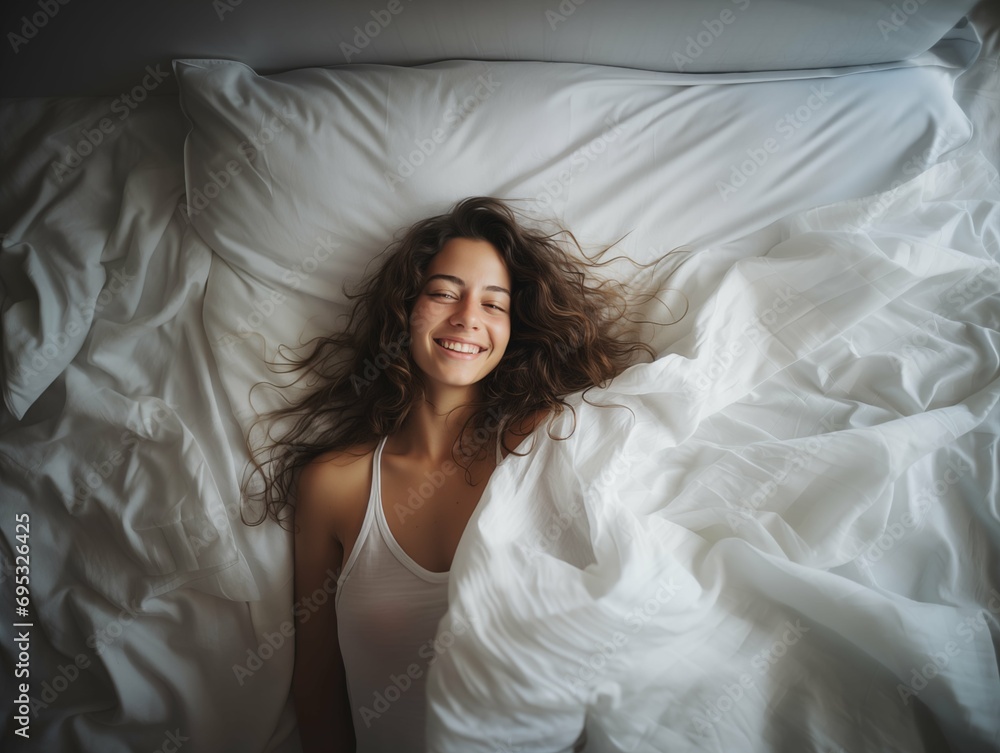 Woman sleeping in bed with white sheets Woman sleeping in bed with white sheets