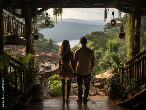 A couple standing on a balcony overlooking a tropical landscape