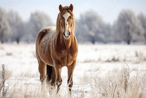 A horse standing in a snowy field