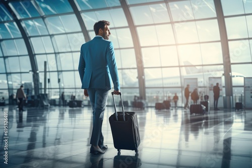 A man in a blue suit holding a suitcase in an airport photo