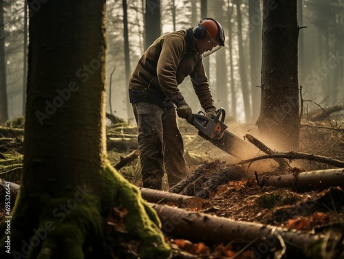 Lumberjack in blue shirt cutting tree trunk with chainsaw in forest