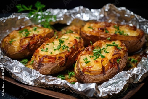 Baked potatoes with cheese and onions on foil
