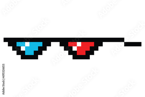 Pixel glasses meme. Like a boss meme. Pixelation, accessory optical fashion. 8 bit funky logo icon. Vector cartoon eyeglass frame for sunglasses