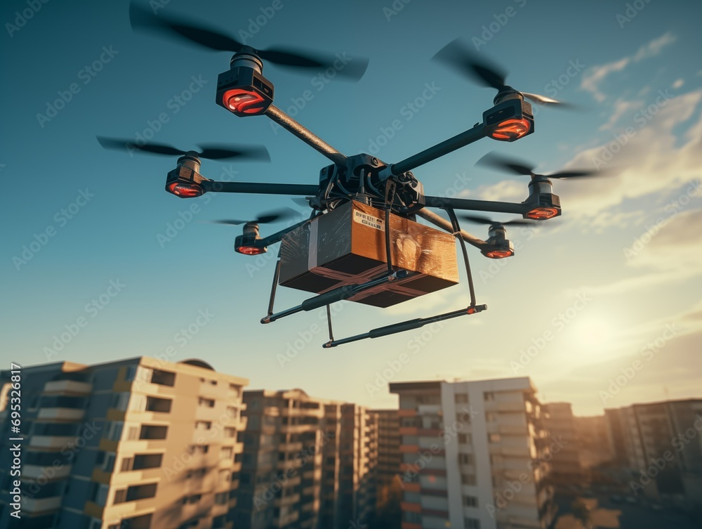 Drone delivering package at dawn in urban setting Drone delivering package at dawn in urban setting