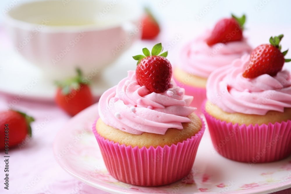 Delicious strawberry cupcakes with cottage cheese cream and fruit