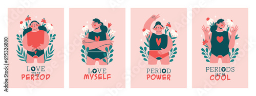 Set of card templates with women during menstruation, who showing different gestes. Cartoon persons in various poses. Cute girls with flowers, plants, typography, text. Flat modern design for banners.