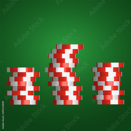 Red and white poker chips lie in stacks on a green background. Vector illustration.
