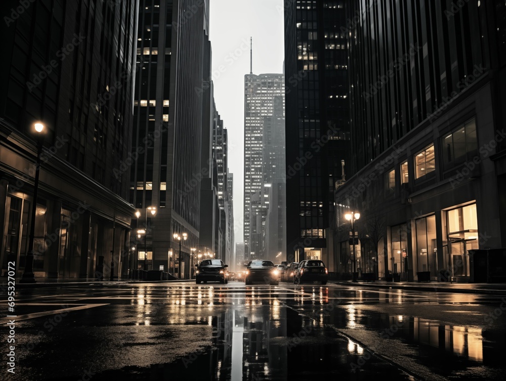 Rainy city street at night with tall buildings and cars