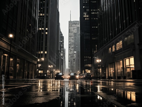 Rainy city street at night with tall buildings and cars