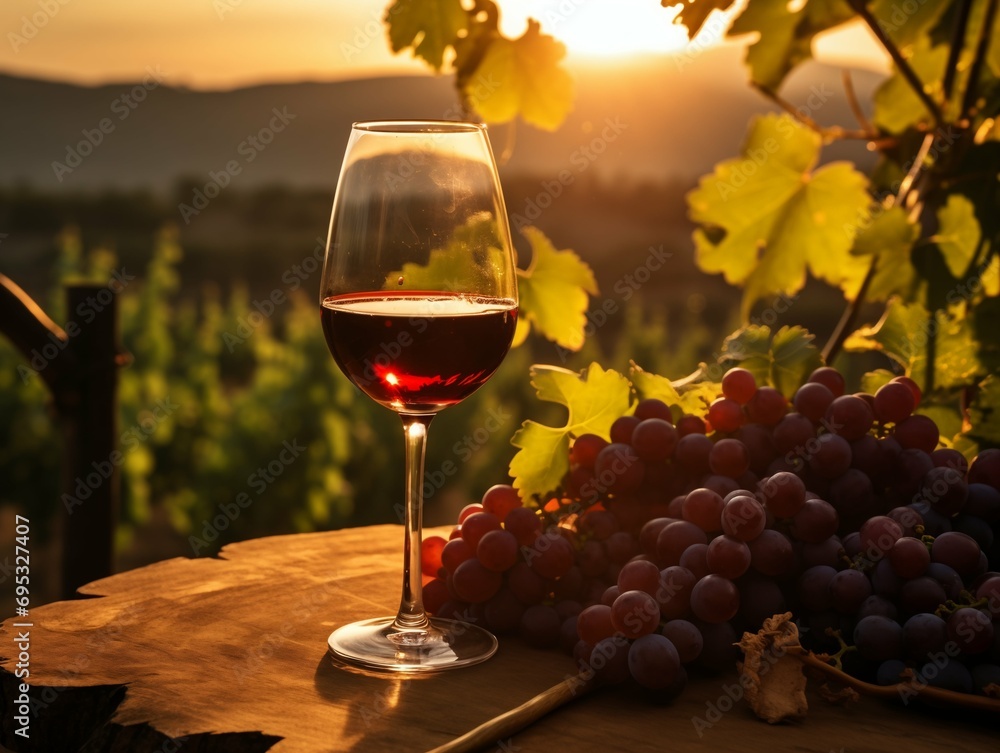 Glass of red wine with grapes at vineyard sunset