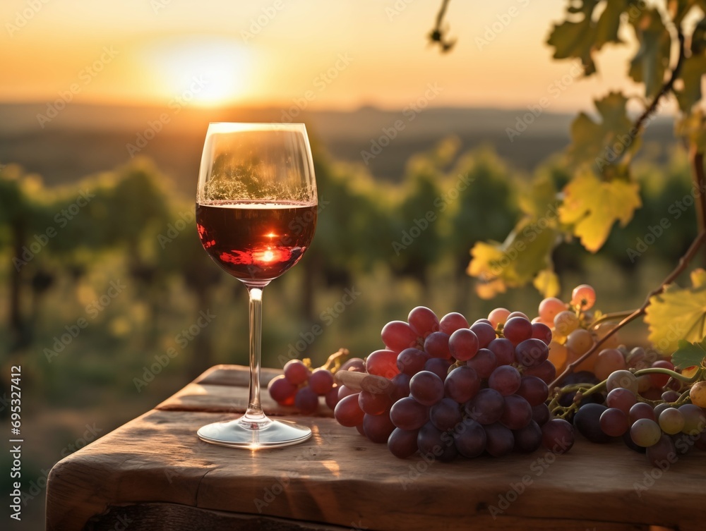 Glass of red wine and grapes on wooden table at vineyard sunset