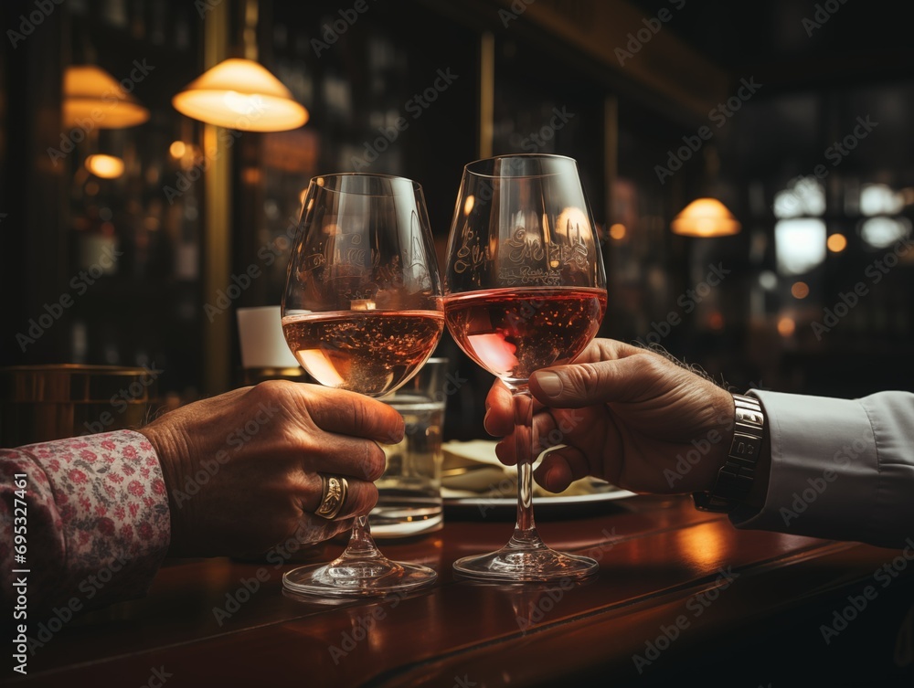 Two hands clinking wine glasses in a bar